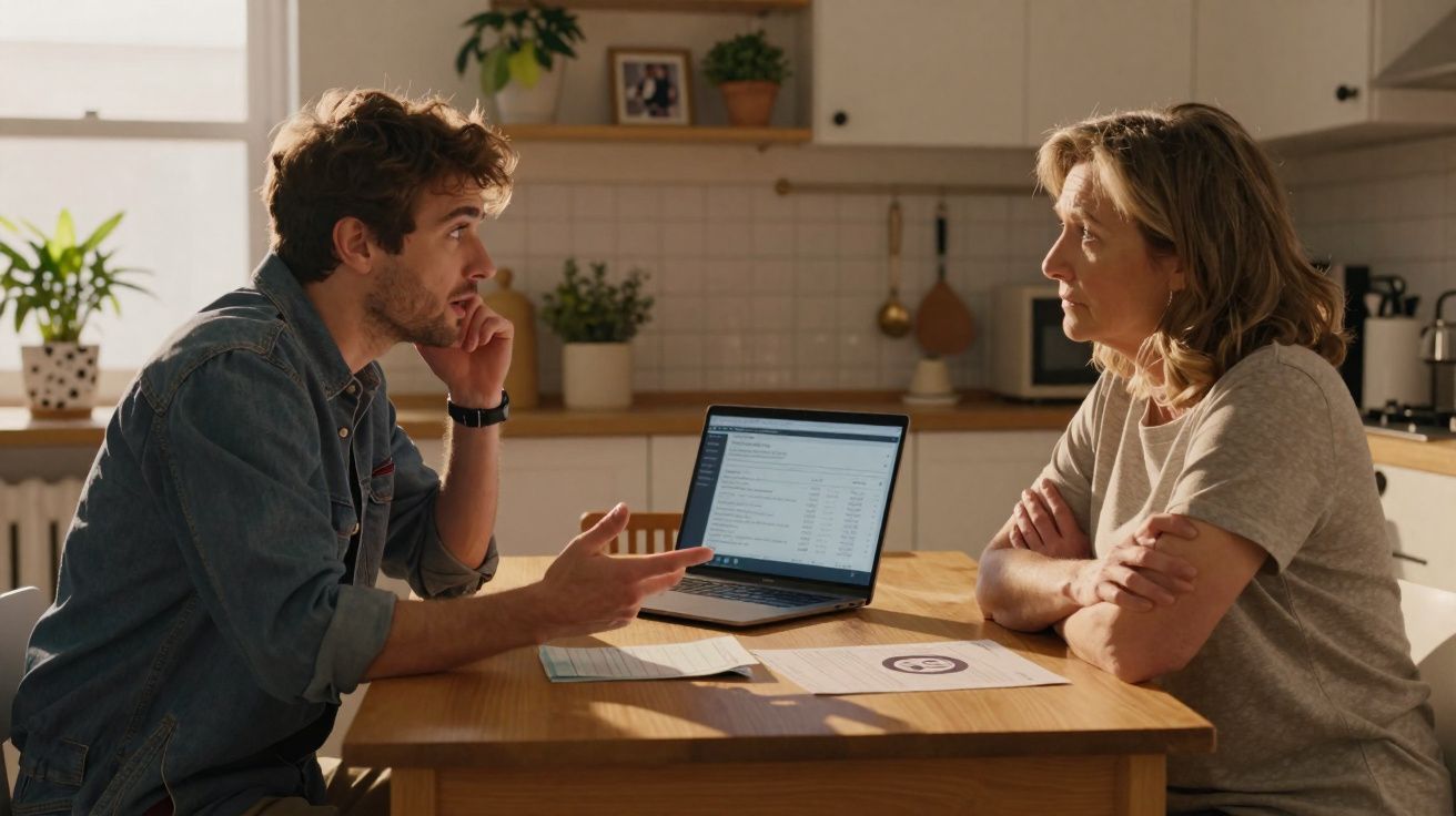 Homem e mulher discutem sentados à mesa da cozinha com portátil e documentos.