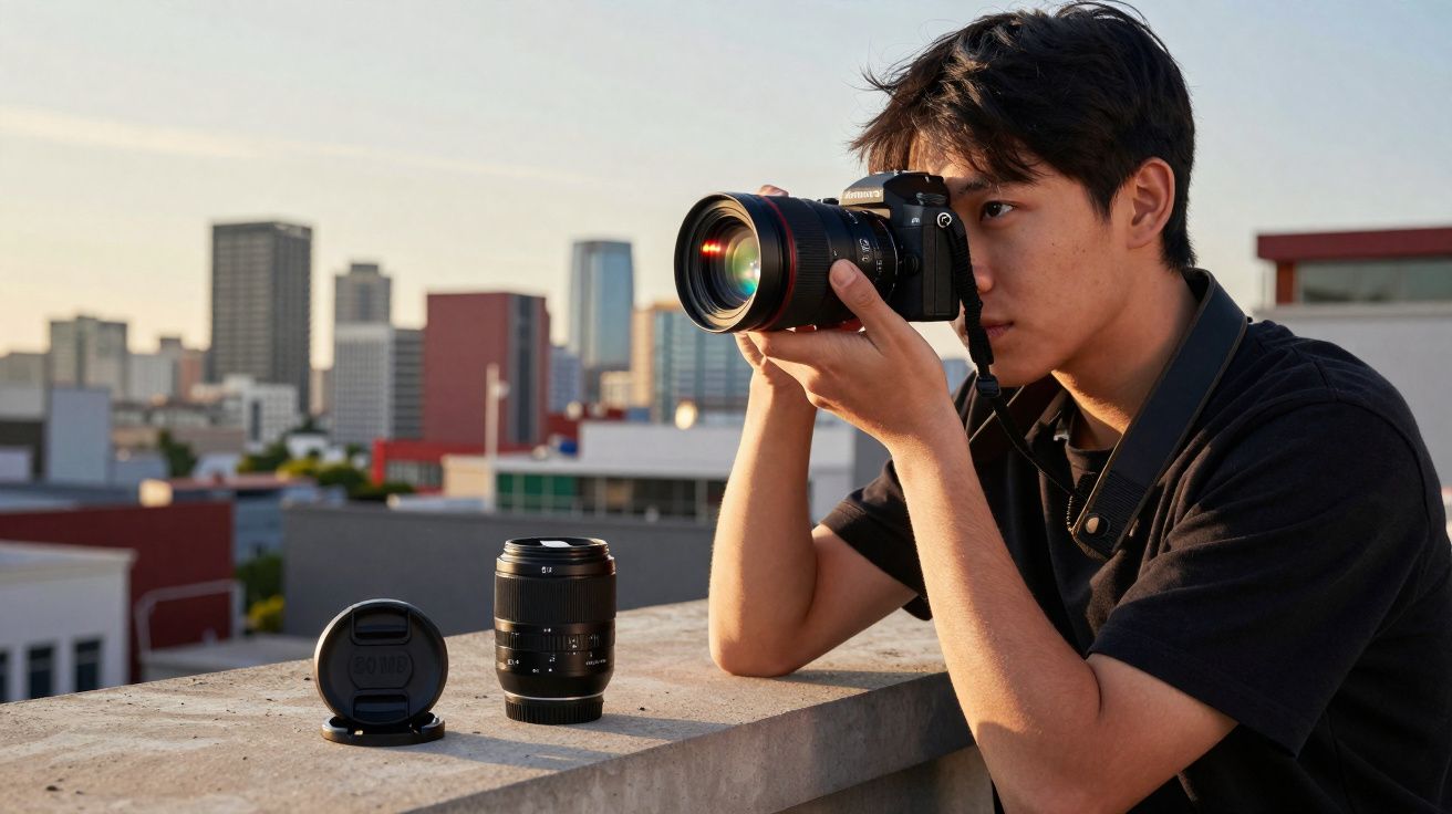 Jovem a tirar fotografias com câmara profissional no terraço com lente e tampa na parede.