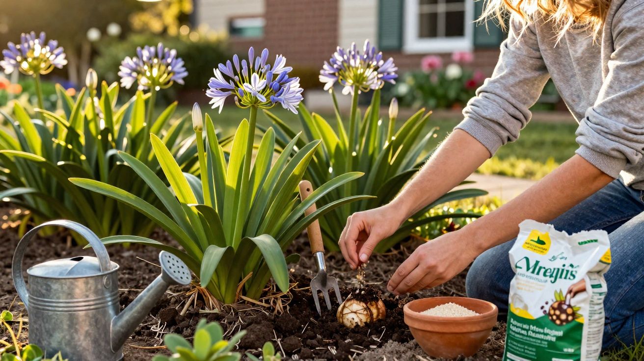 Pessoa a plantar bolbos de flores num jardim com ferramentas, regador e saco de fertilizante ao lado.