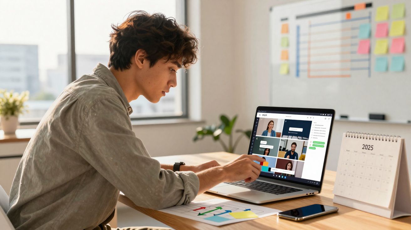 Jovem a participar numa videochamada num ambiente de trabalho organizado com calendário e gráfico numa mesa.