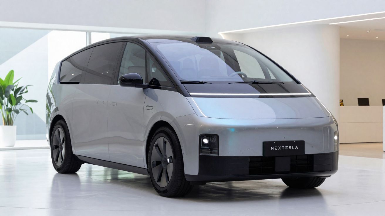 Veículo elétrico moderno cinzento estacionado em ambiente interior minimalista e bem iluminado.