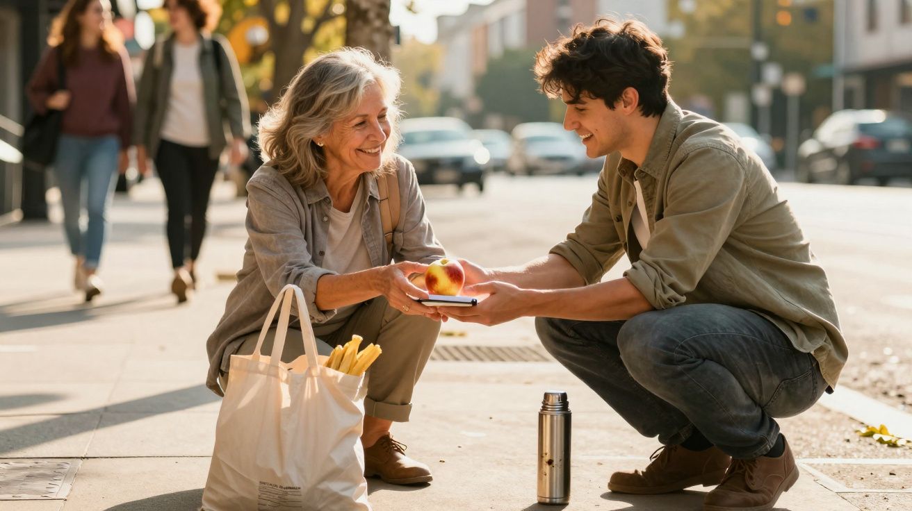 Homem entrega maçã a mulher idosa sentada na calçada, com saco de compras ao lado, em rua urbana.