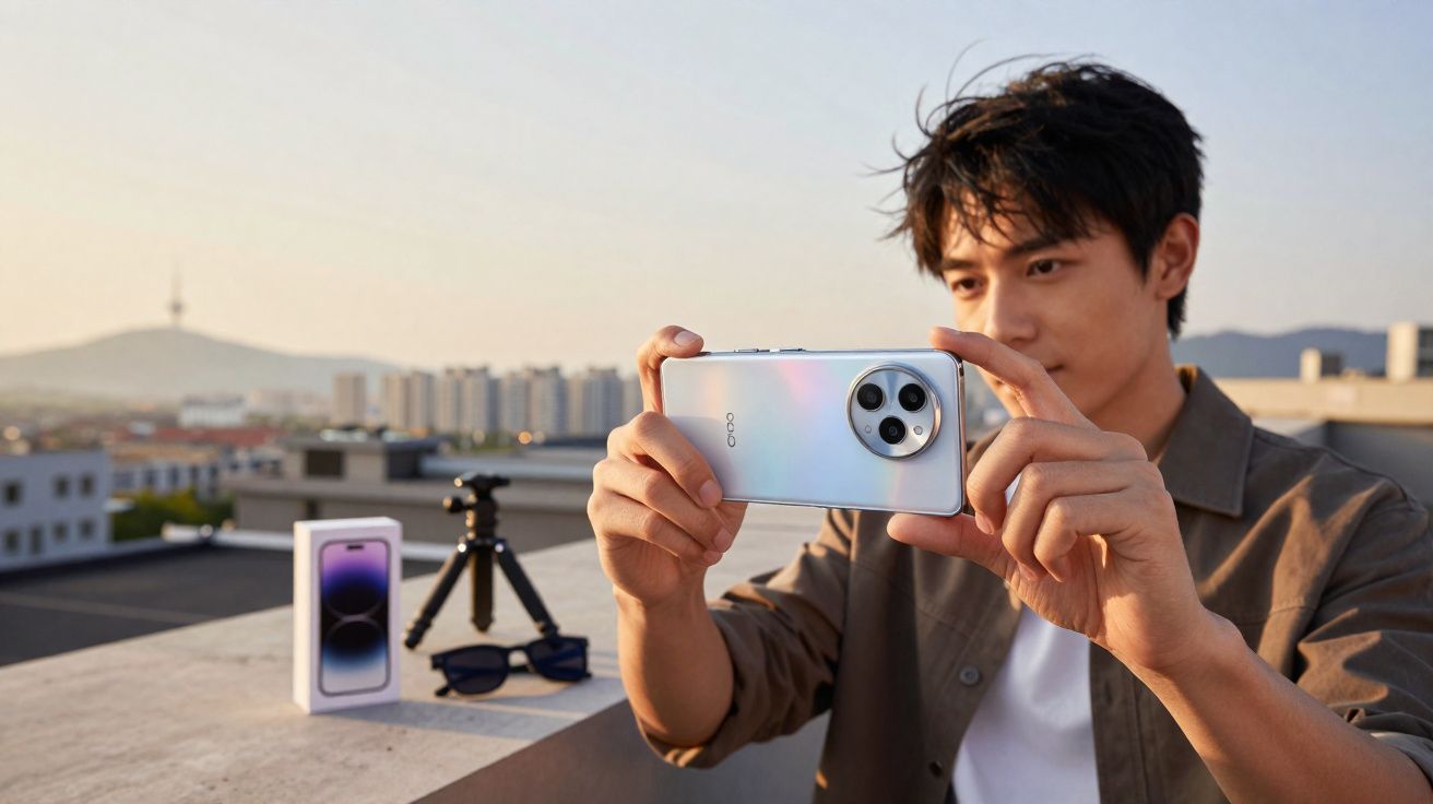 Homem a tirar foto com smartphone branco num terraço com óculos, tripé e caixa de telemóvel ao fundo.