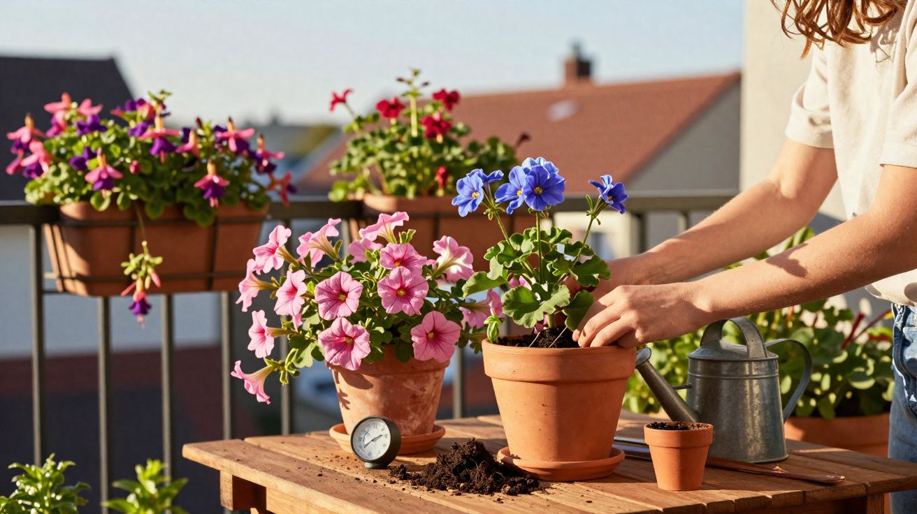Pessoa a cuidar de flores em vasos num terraço com regador e terra numa mesa de madeira