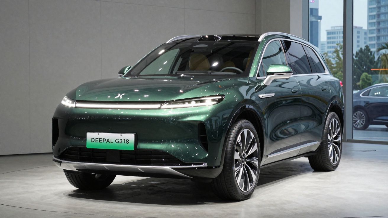 Carro elétrico SUV verde metálico model Deepal G318 estacionado em interior moderno.