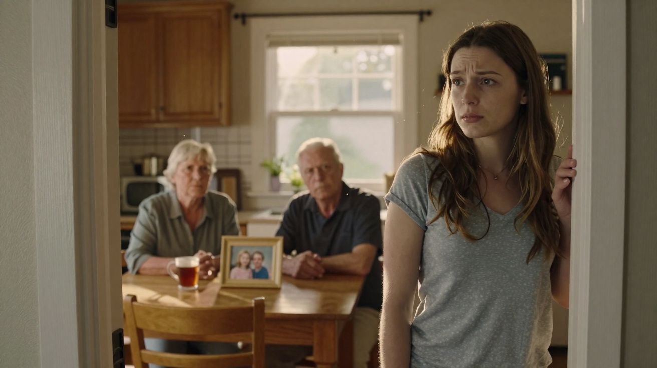 Mulher jovem olhando preocupada enquanto casal idoso sentado à mesa numa cozinha iluminada pela janela.