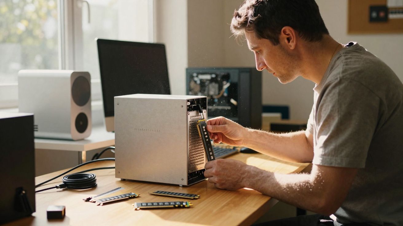 Homem a instalar memória RAM num computador portátil sobre uma mesa em ambiente iluminado.