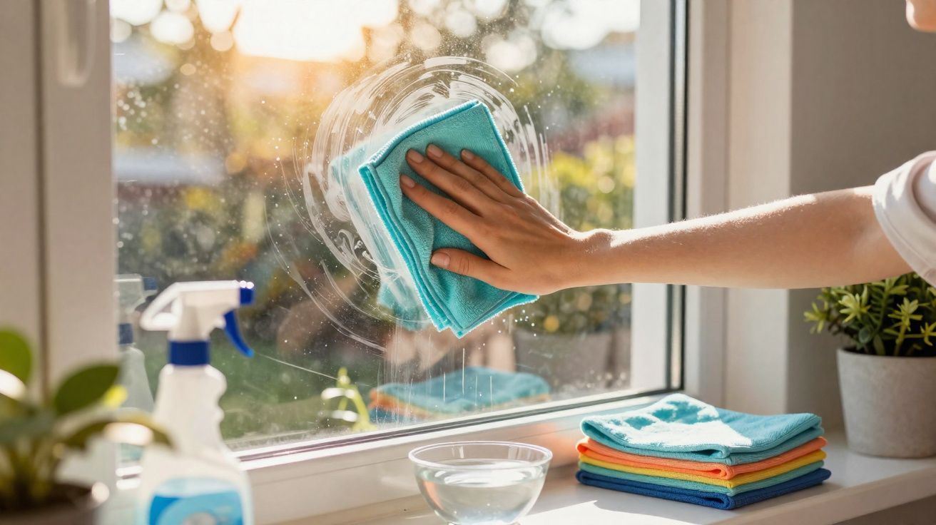 Mão a limpar uma janela com um pano azul, com produtos de limpeza e plantas ao lado, iluminação natural.