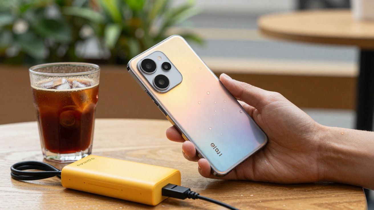 Pessoa segura smartphone transparente ligado a power bank amarelo, com copo de bebida com gelo em madeira.