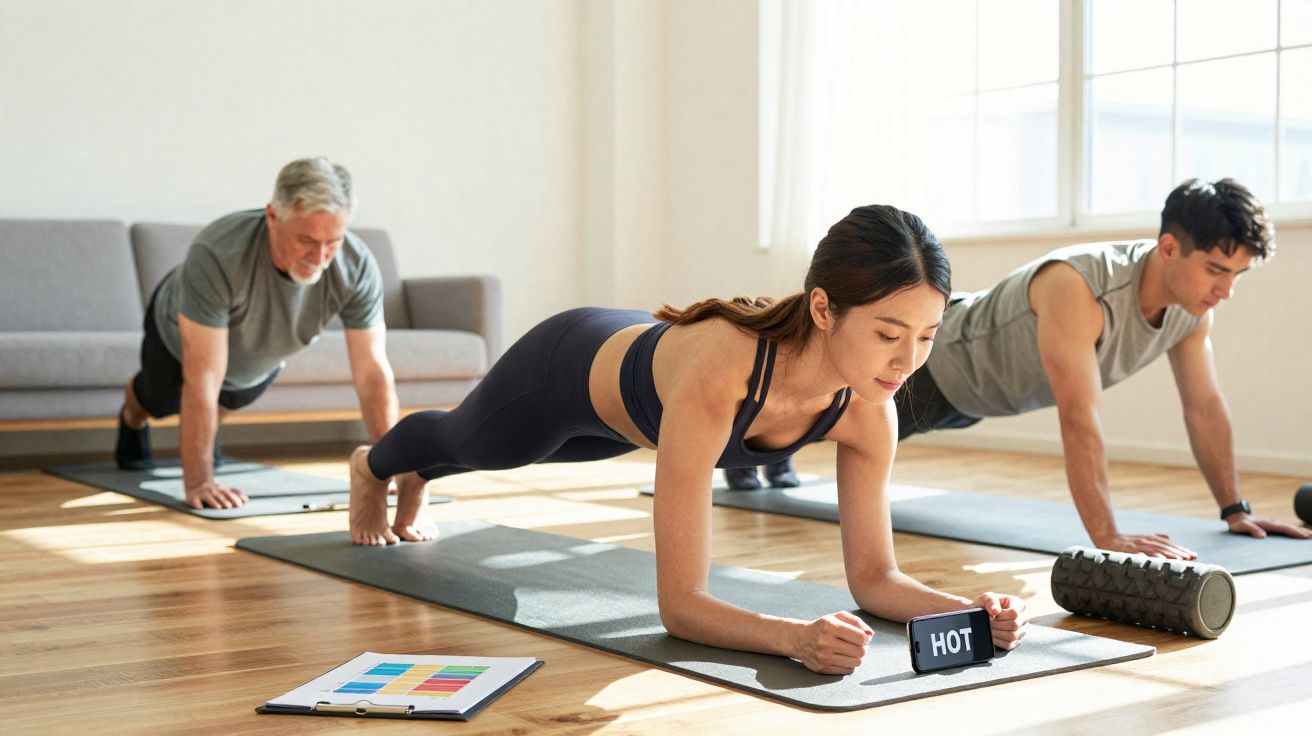 Três pessoas a praticar exercício físico em casa, na posição de prancha, em tapetes de yoga num chão de madeira.