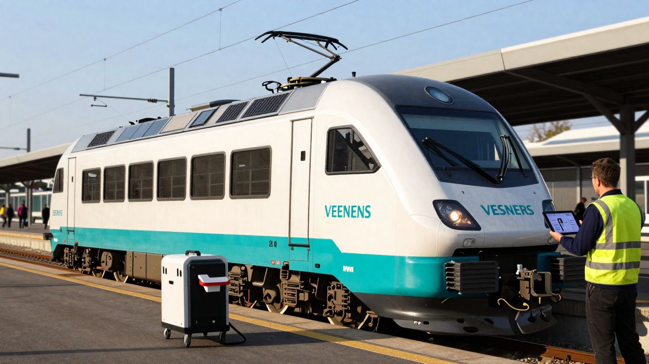 Comboio moderno branco e azul numa estação com técnico de segurança a verificar dados numa prancheta digital.