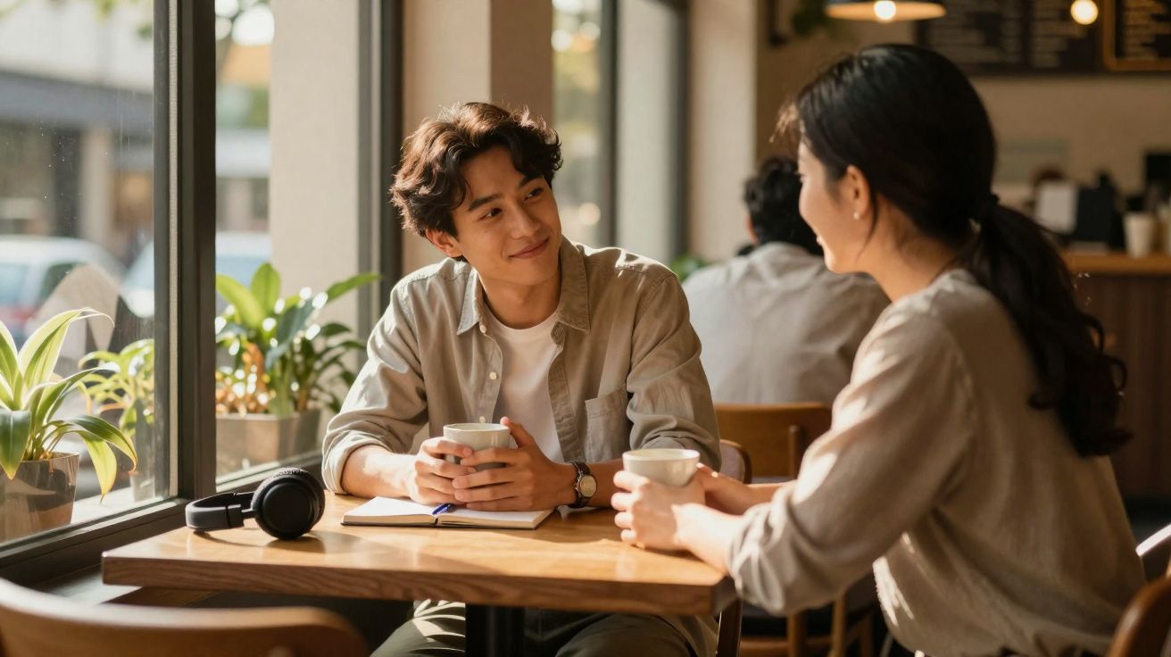 Duas pessoas conversam e tomam café num café iluminado pela luz natural junto à janela.