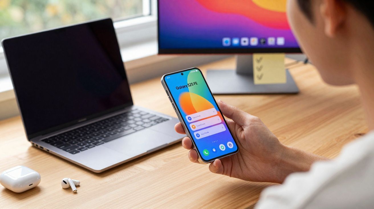 Pessoa a segurar smartphone com ecrã Galaxy S23 FE, junto a computador portátil, auriculares e monitor numa secretária.