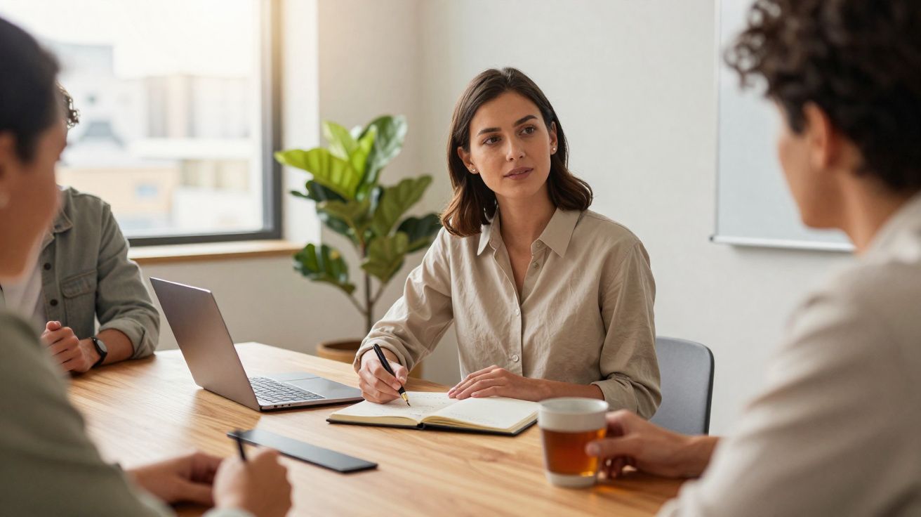Mulher a escrever numa agenda durante reunião com duas pessoas numa sala de escritório iluminada.
