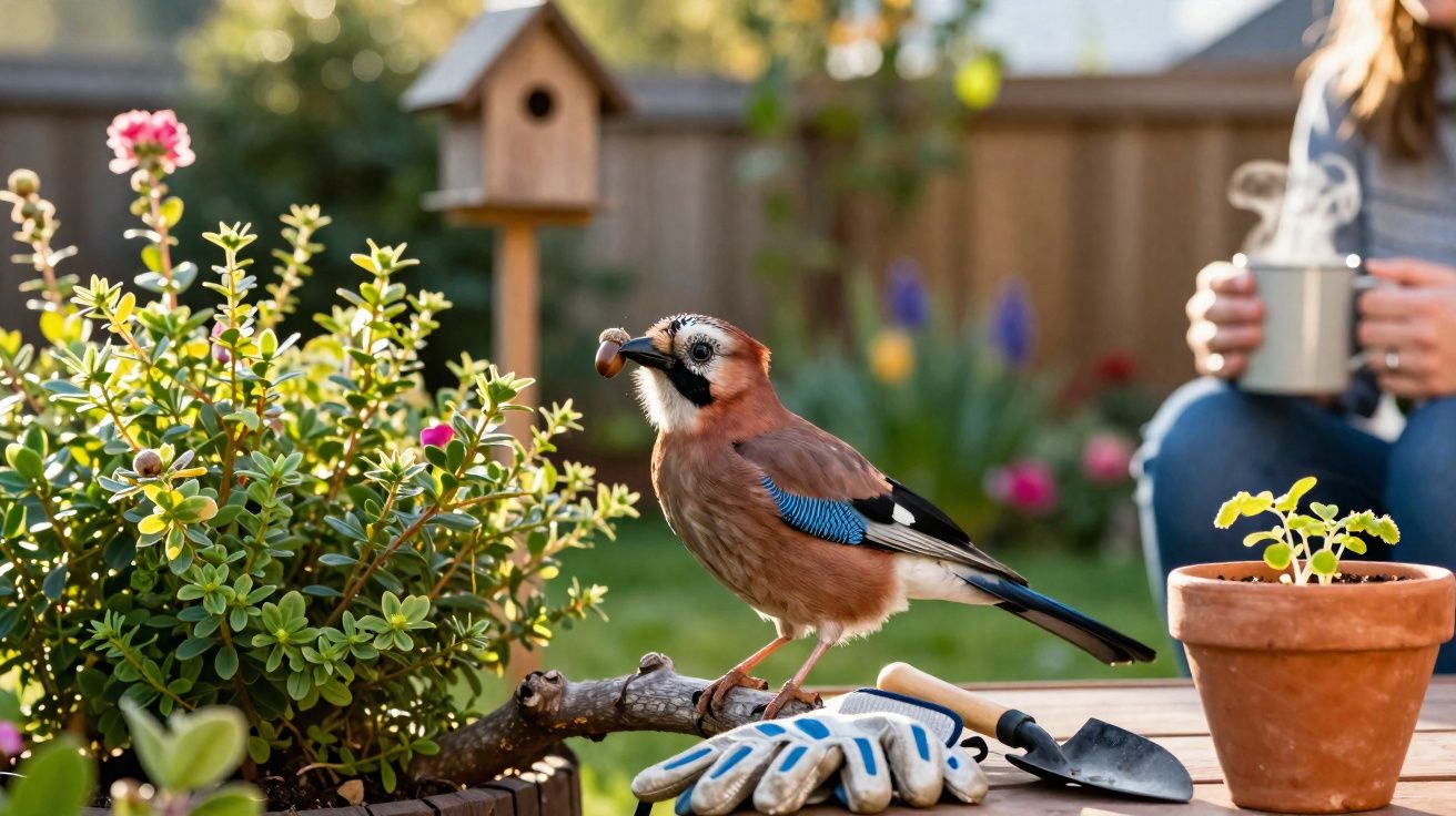 Pássaro colorido pousado numa mesa de jardim com luvas, planta em vaso e utensílio de jardinagem.