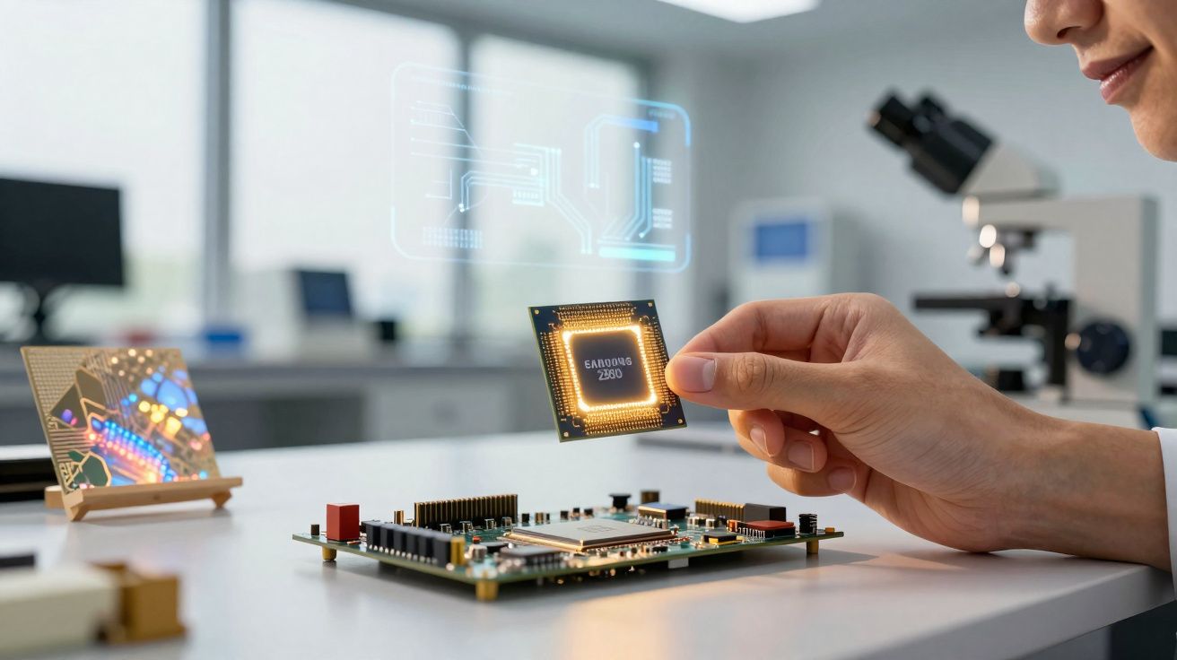 Pessoa a segurar um chip eletrônico acima de uma placa de circuito numa bancada de laboratório tecnológico.