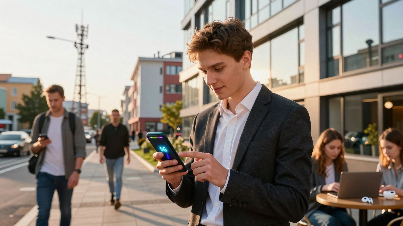Jovem vestido formalmente a usar telemóvel na rua com edifícios e pessoas ao fundo numa tarde ensolarada.