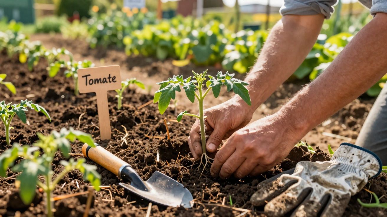 Mãos a plantar muda de tomate em terra fértil num jardim com utensílios de cultivo próximos.