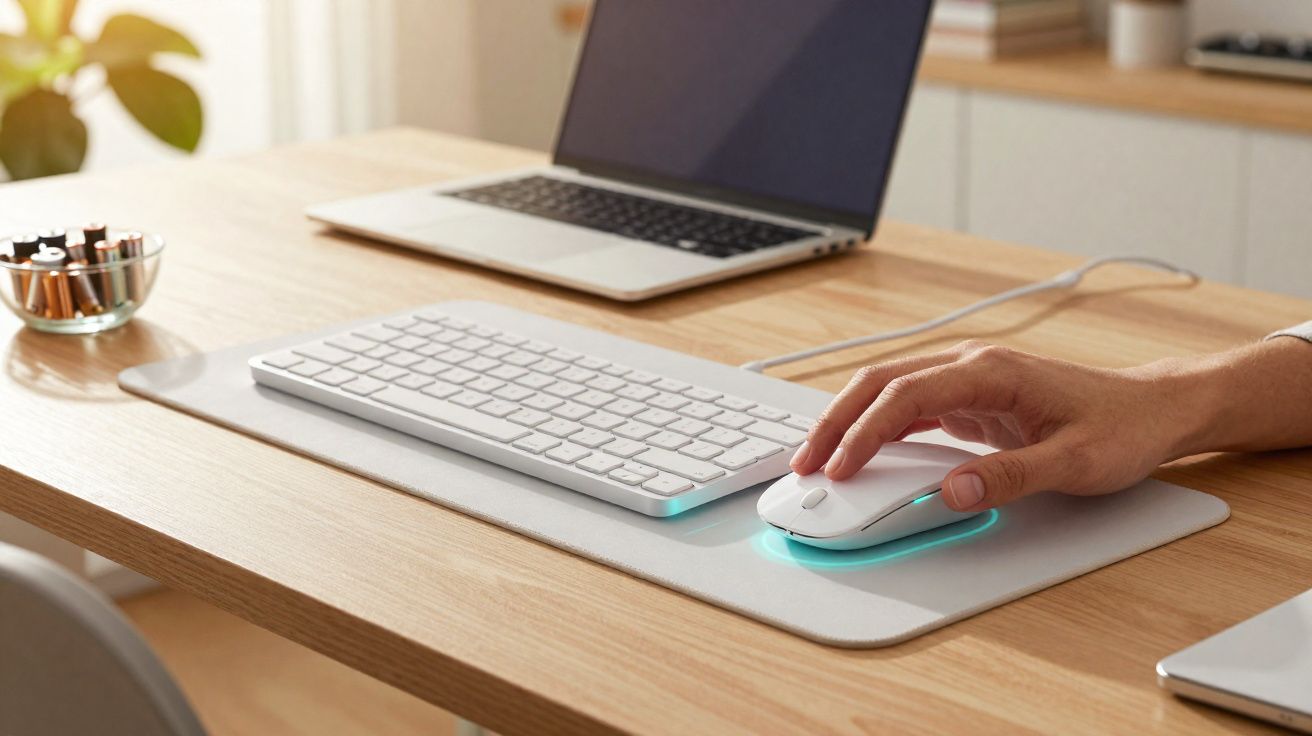 Mão a usar rato branco com teclado e computador portátil numa secretária de madeira clara com luz natural.