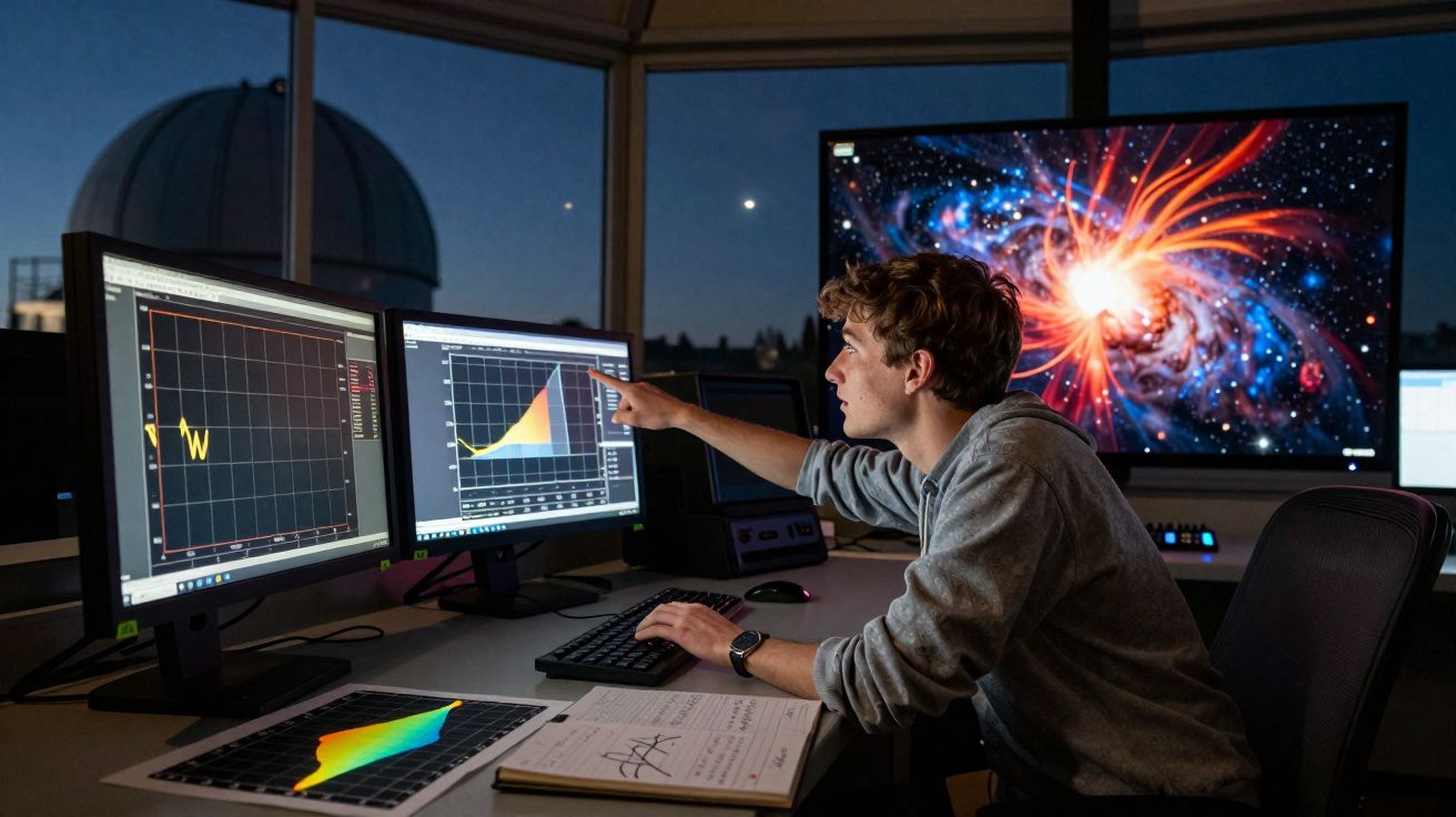 Homem jovem analisa gráficos científicos em múltiplos ecrãs numa sala escura com vista para o céu noturno.