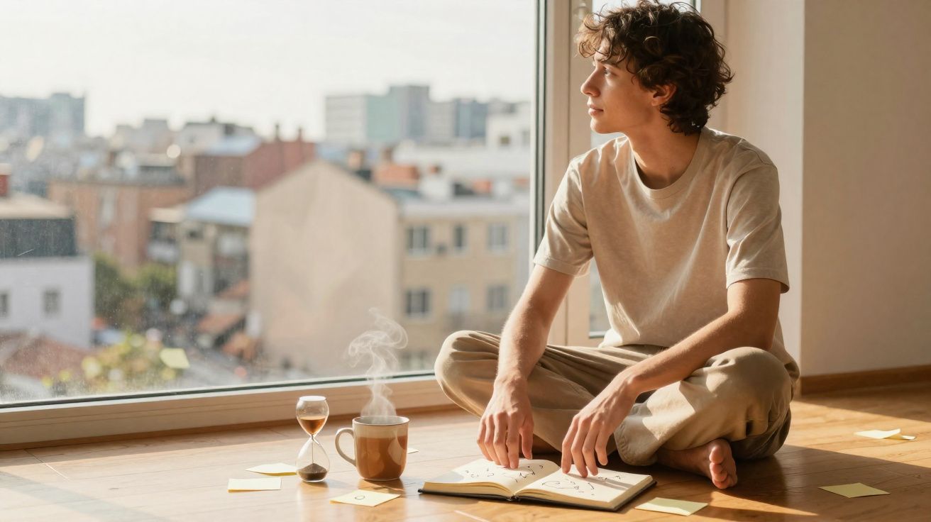 Jovem sentado no chão junto a janela, com caderno, chá quente e ampulheta no chão iluminado.