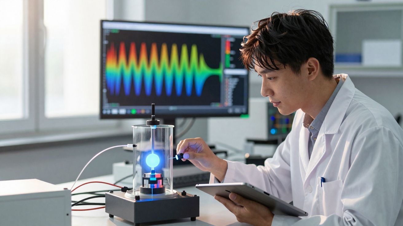 Cientista em bata branca analisa experimento com luz azul enquanto observa gráfico colorido num ecrã.