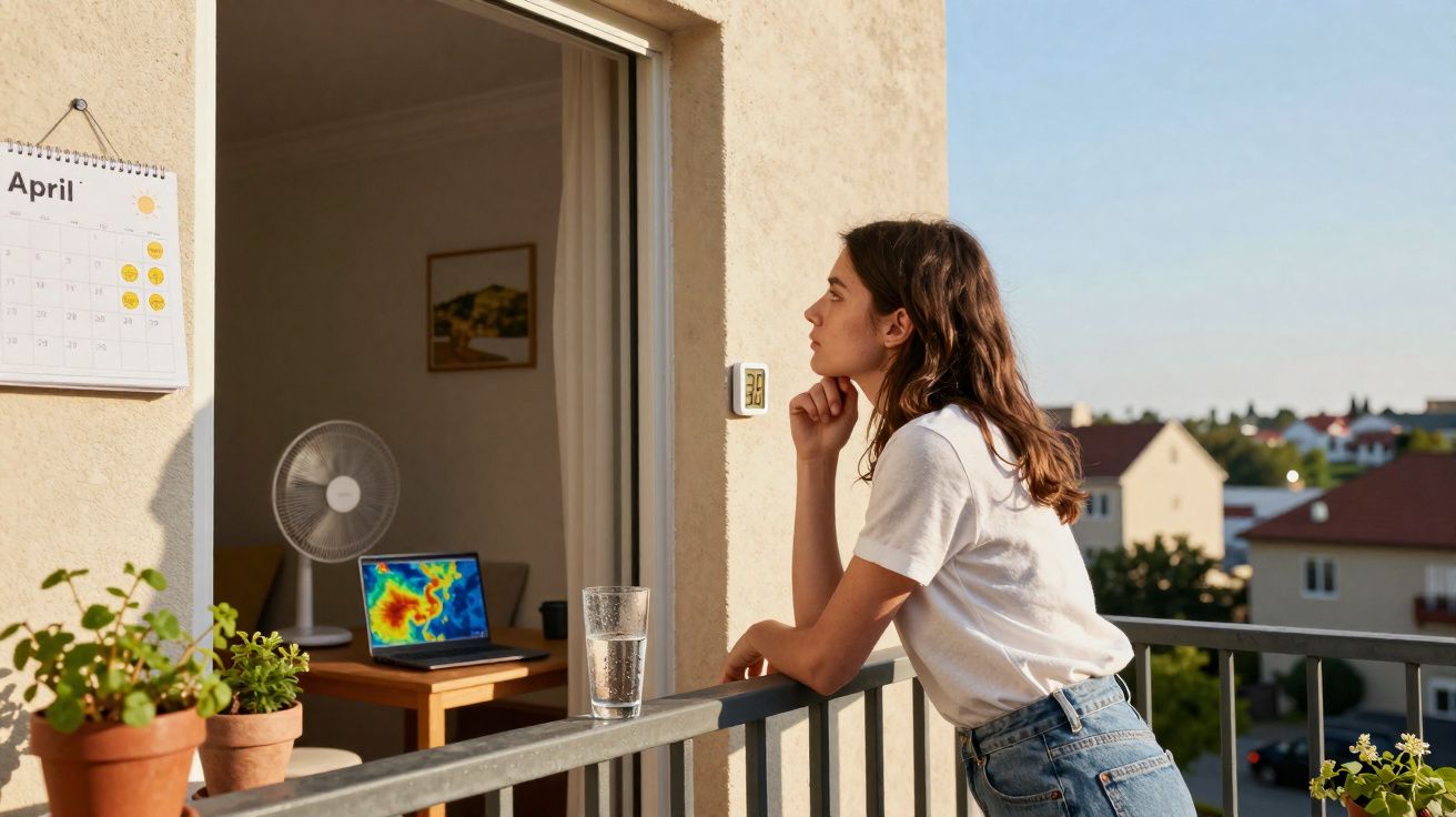 Mulher a olhar para o horizonte, encostada a uma varanda com plantas e copo de água ao lado.