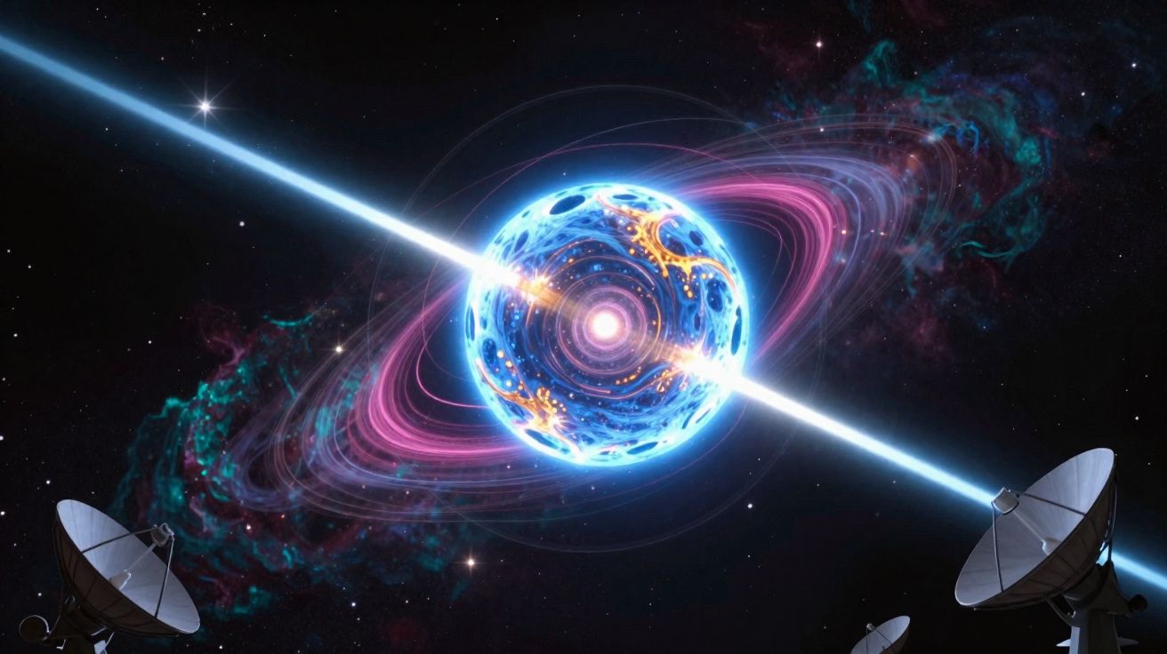 Representação de uma estrela de neutrões emitindo raios detectados por antenas espaciais.