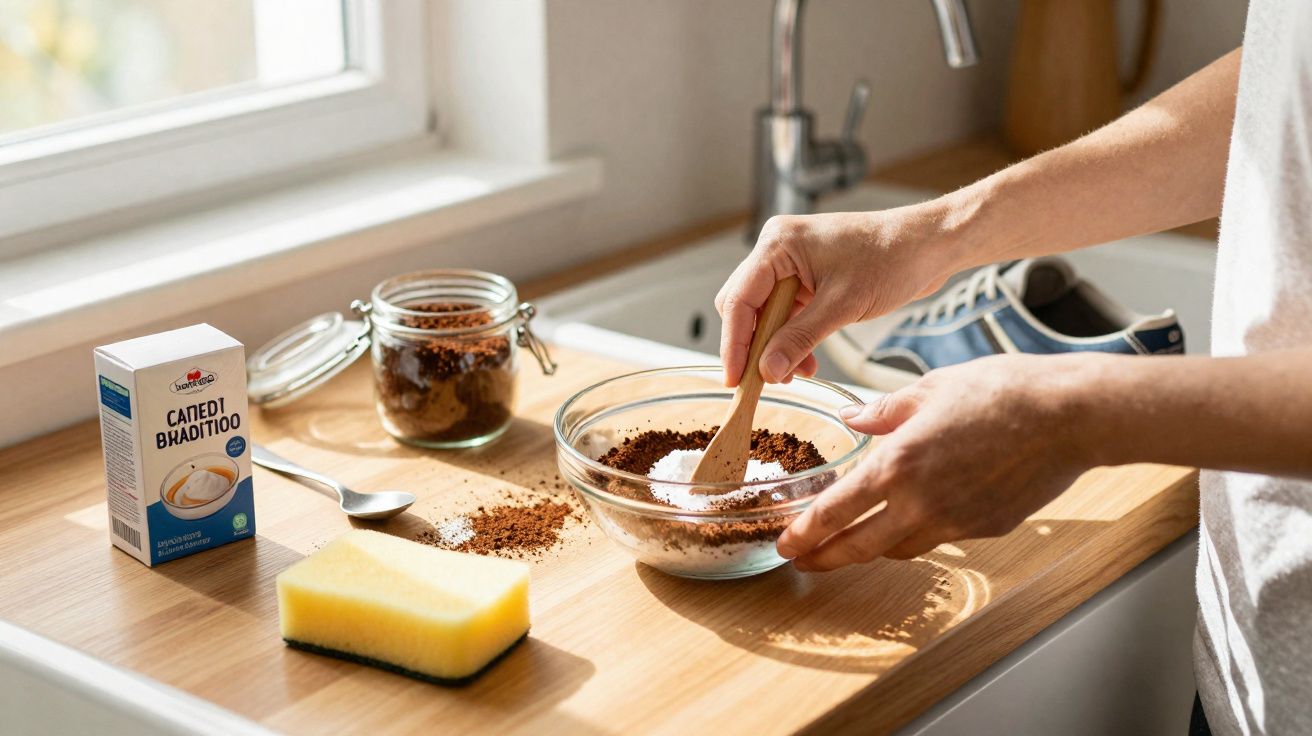 Pessoa a misturar café em pó com bicarbonato num recipiente de vidro numa cozinha iluminada.