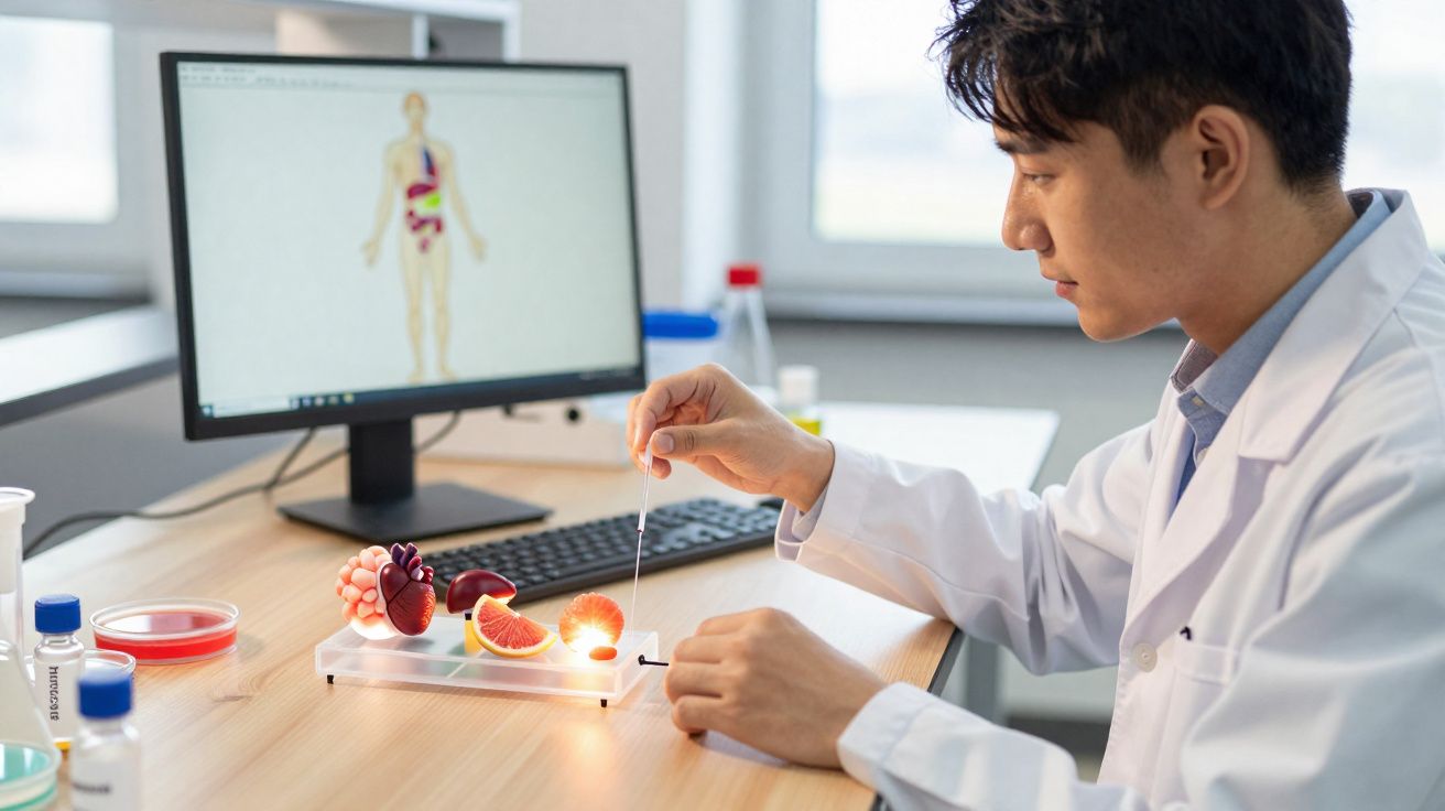 Homem de bata branca analisa modelo anatómico de órgãos em laboratório com monitor ao fundo.