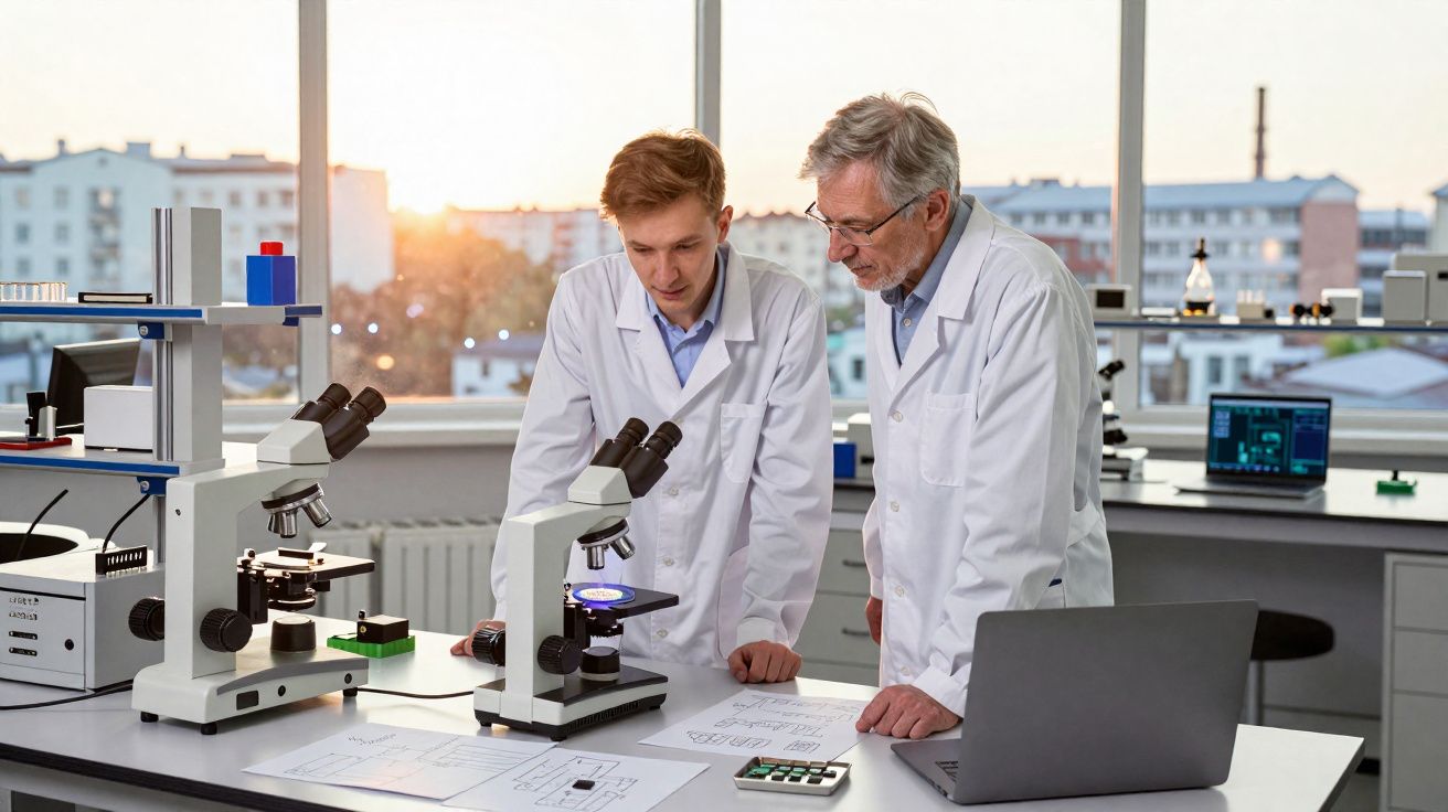 Dois cientistas de bata branca observam amostra em microscópio num laboratório moderno com computador e papéis.