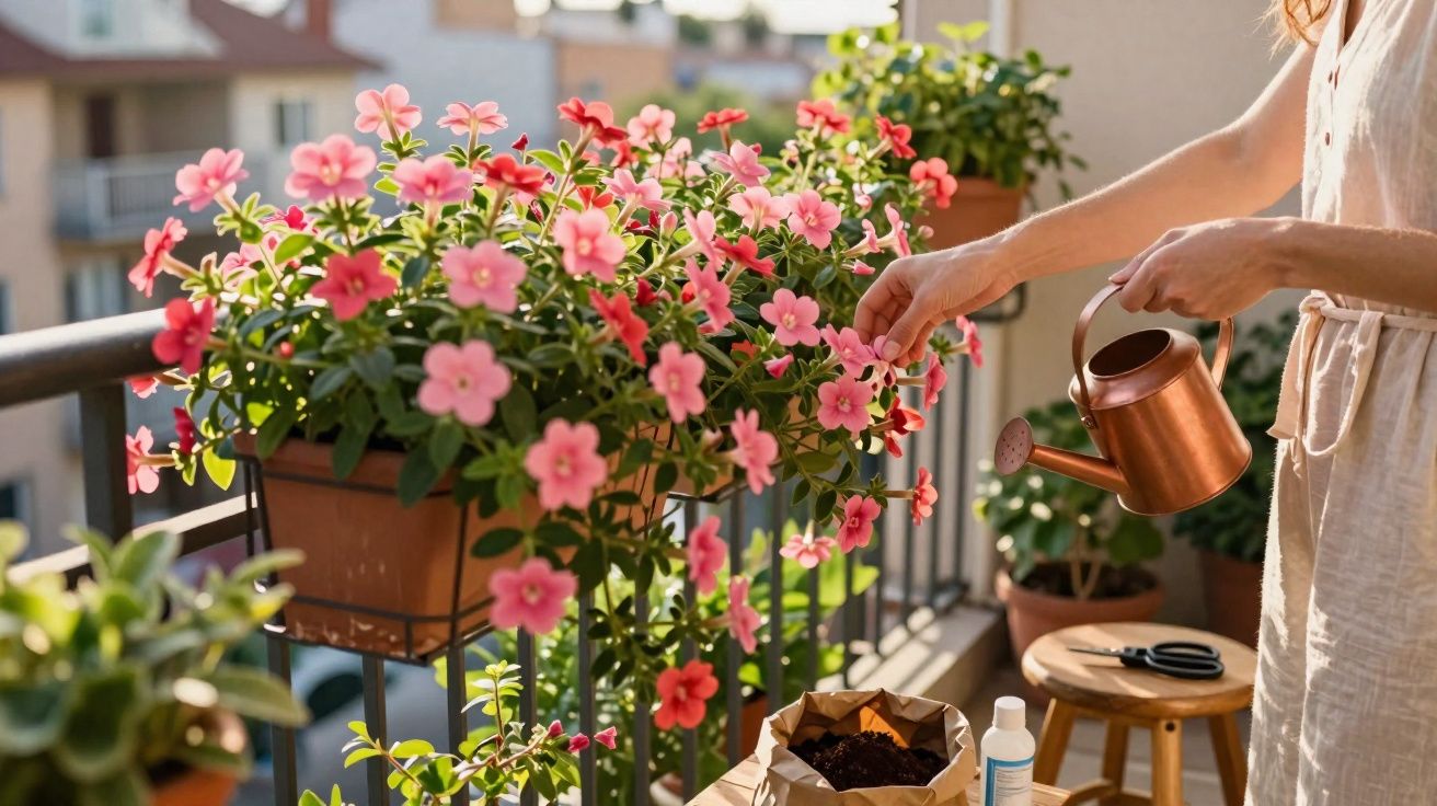 Pessoa a cuidar de flores cor-de-rosa num vaso num terraço, segurando um regador de metal cor de cobre.