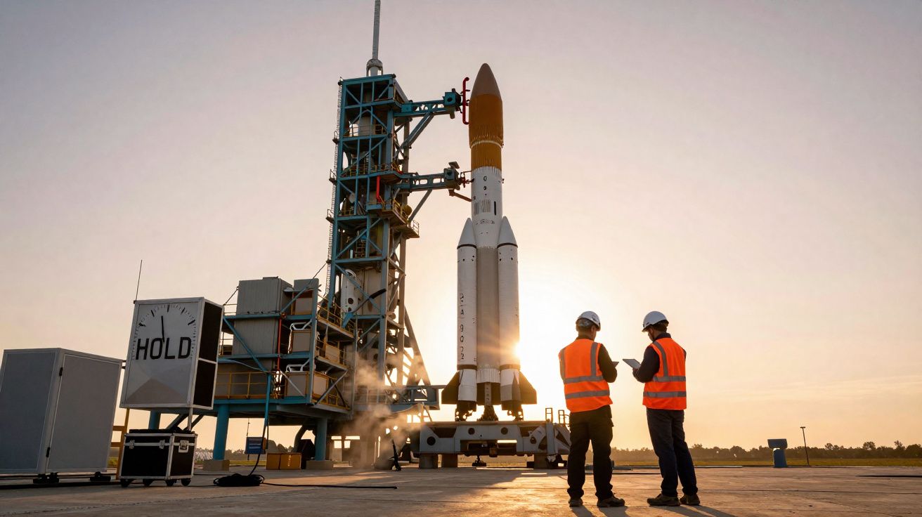 Foguete na plataforma de lançamento ao pôr do sol com dois técnicos de colete refletor a discutir.