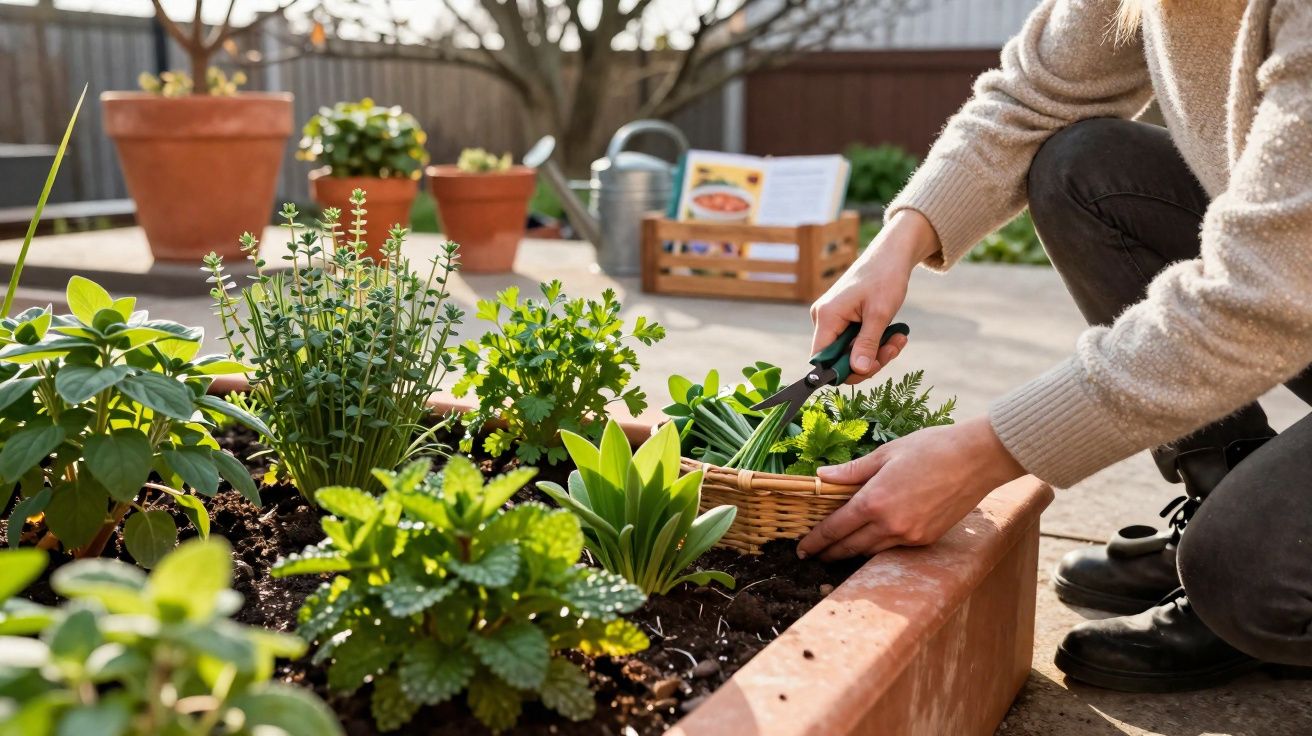 Pessoa a colher ervas aromáticas frescas num canteiro exterior durante o dia.