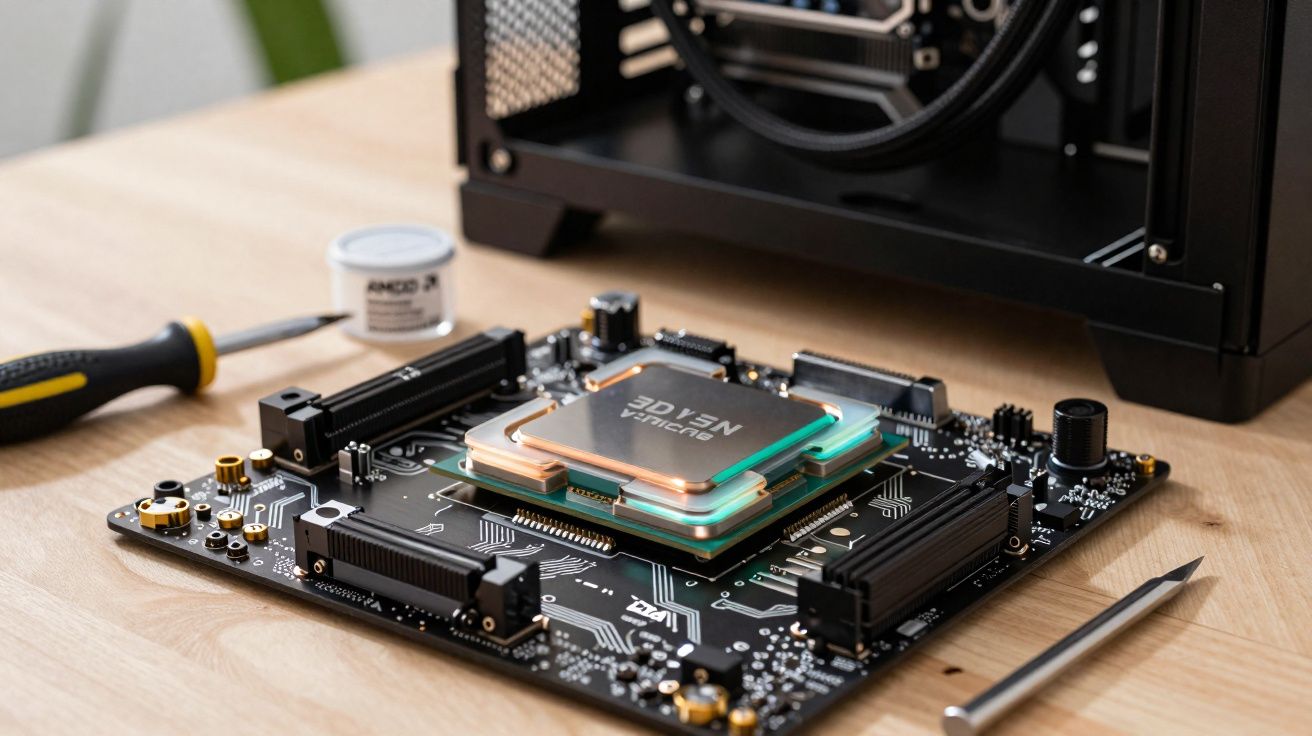 Placa-mãe com processador 3D V-Cache sobre a mesa ao lado de ferramentas e caixa de computador aberta.