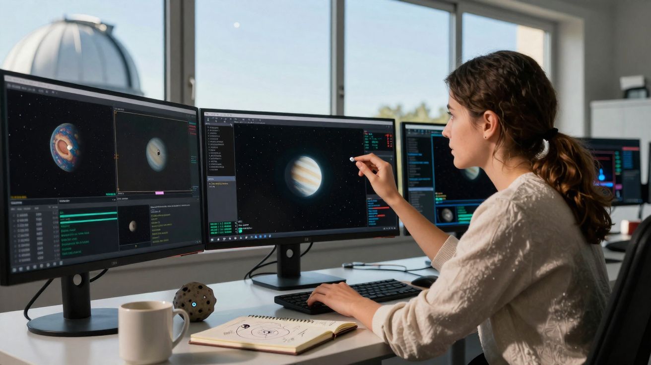 Mulher a analisar imagens de planetas em vários ecrãs num ambiente de trabalho com cadernos e caneca.