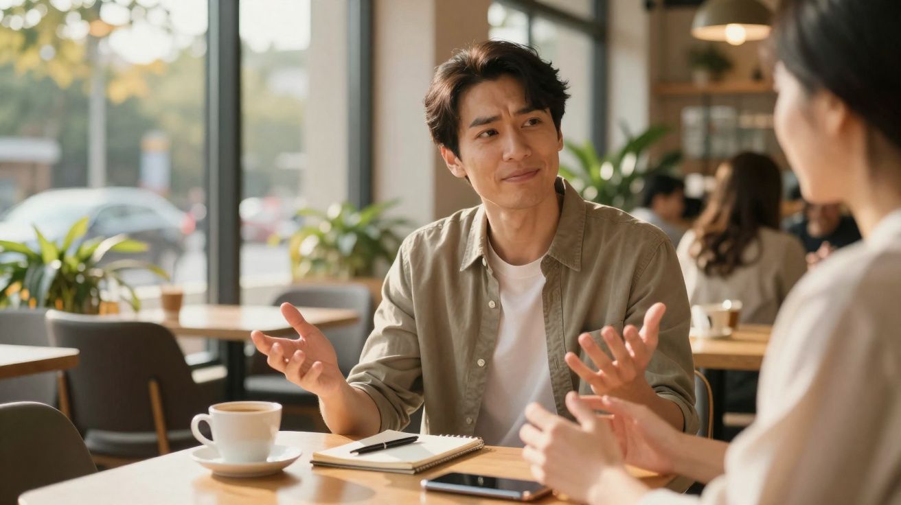 Homem a conversar com mulher num café, com caderno, caneta e chá na mesa à sua frente.