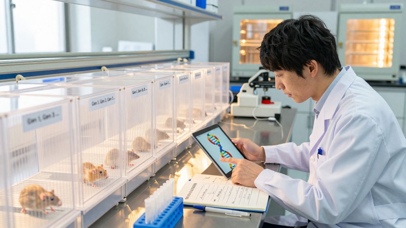 Cientista em laboratório com túnica branca a analisar sequência de ADN num tablet junto a ratos em gaiolas transparentes.