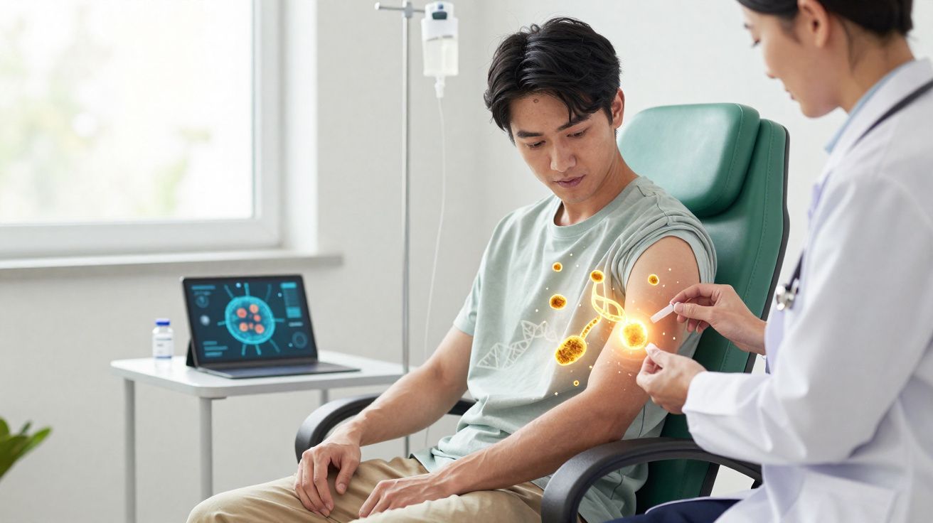 Homem a receber vacina de médica com ilustração digital de ADN e célula sobre o braço.