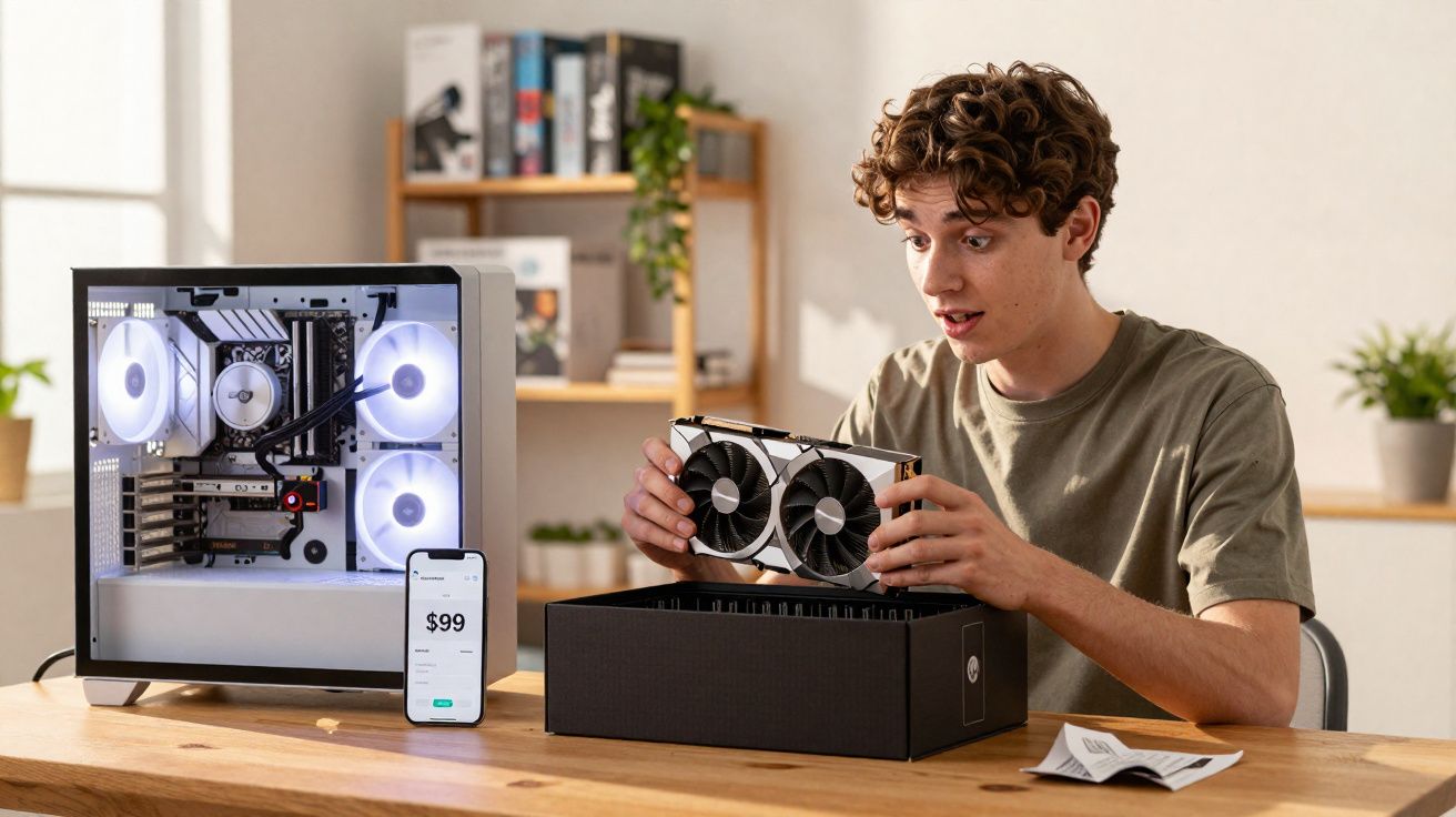 Jovem a instalar placa gráfica num computador de secretária com preço de $99 visível no telemóvel.