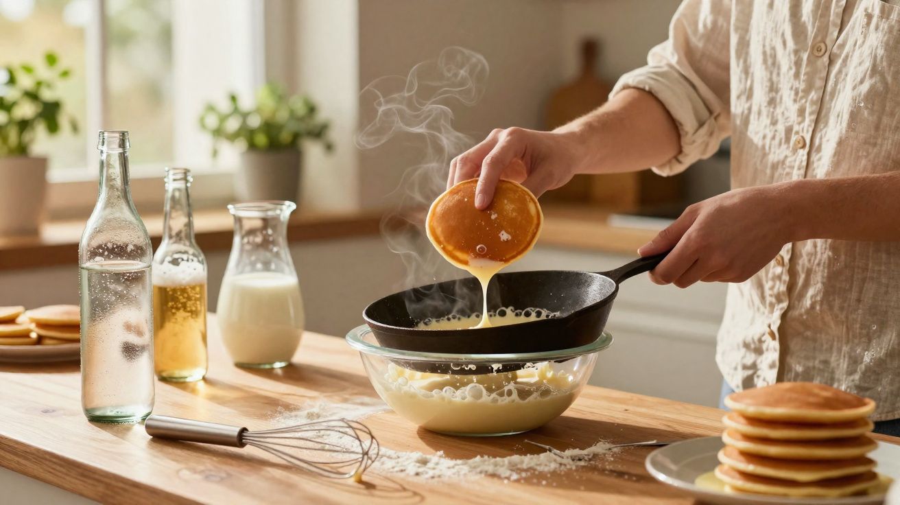 Pessoa a despejar panqueca quente em frigideira sobre taça com massa numa cozinha iluminada.