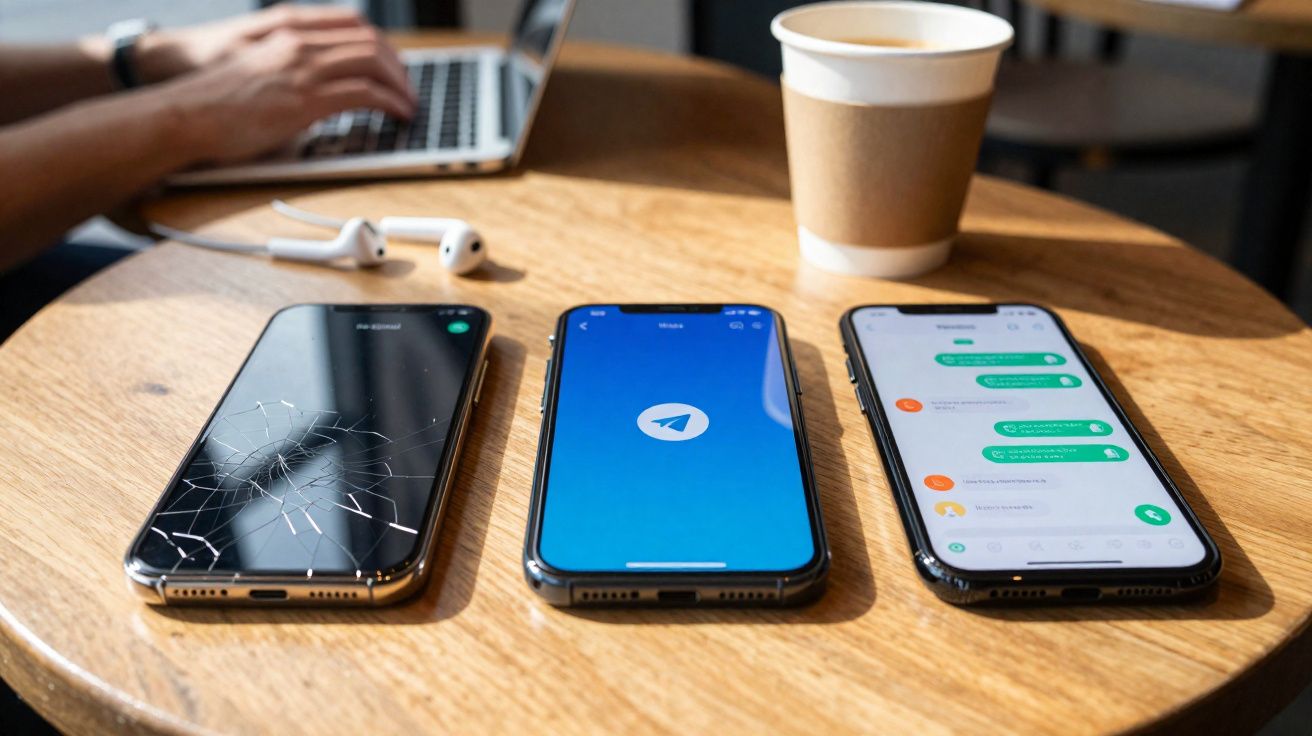 Três telemóveis numa mesa redonda de madeira, um com ecrã partido, outro aberto na app Telegram e outro com mensagens, café e