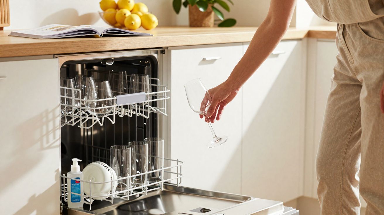 Pessoa a retirar copo de vinho de máquina de lavar loiça aberta numa cozinha moderna com frutas na bancada.