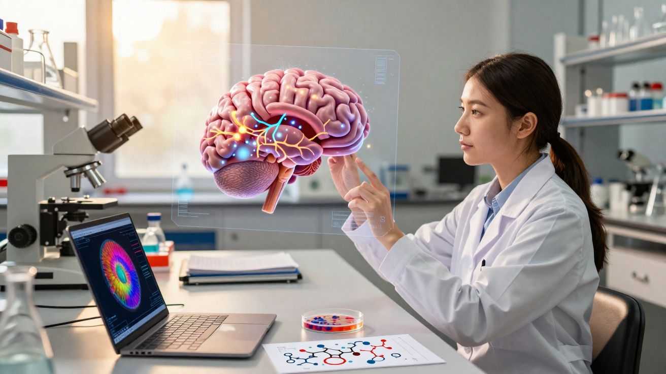 Cientista mulher numa bancada de laboratório a analisar modelo digital de cérebro tridimensional.