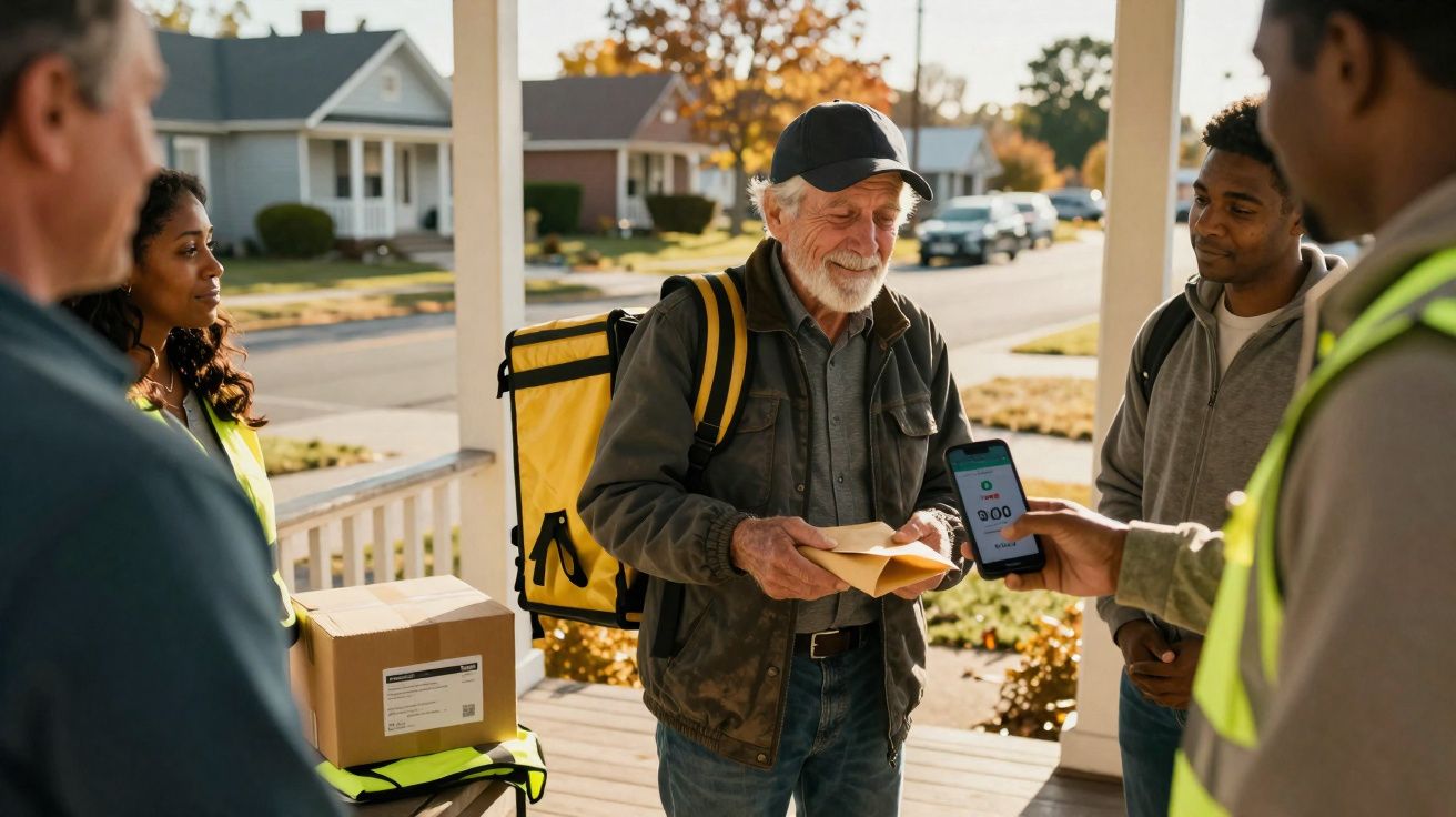 Homem idoso a receber uma encomenda num alpendre, enquanto outro mostra uma aplicação de pagamento num telemóvel.