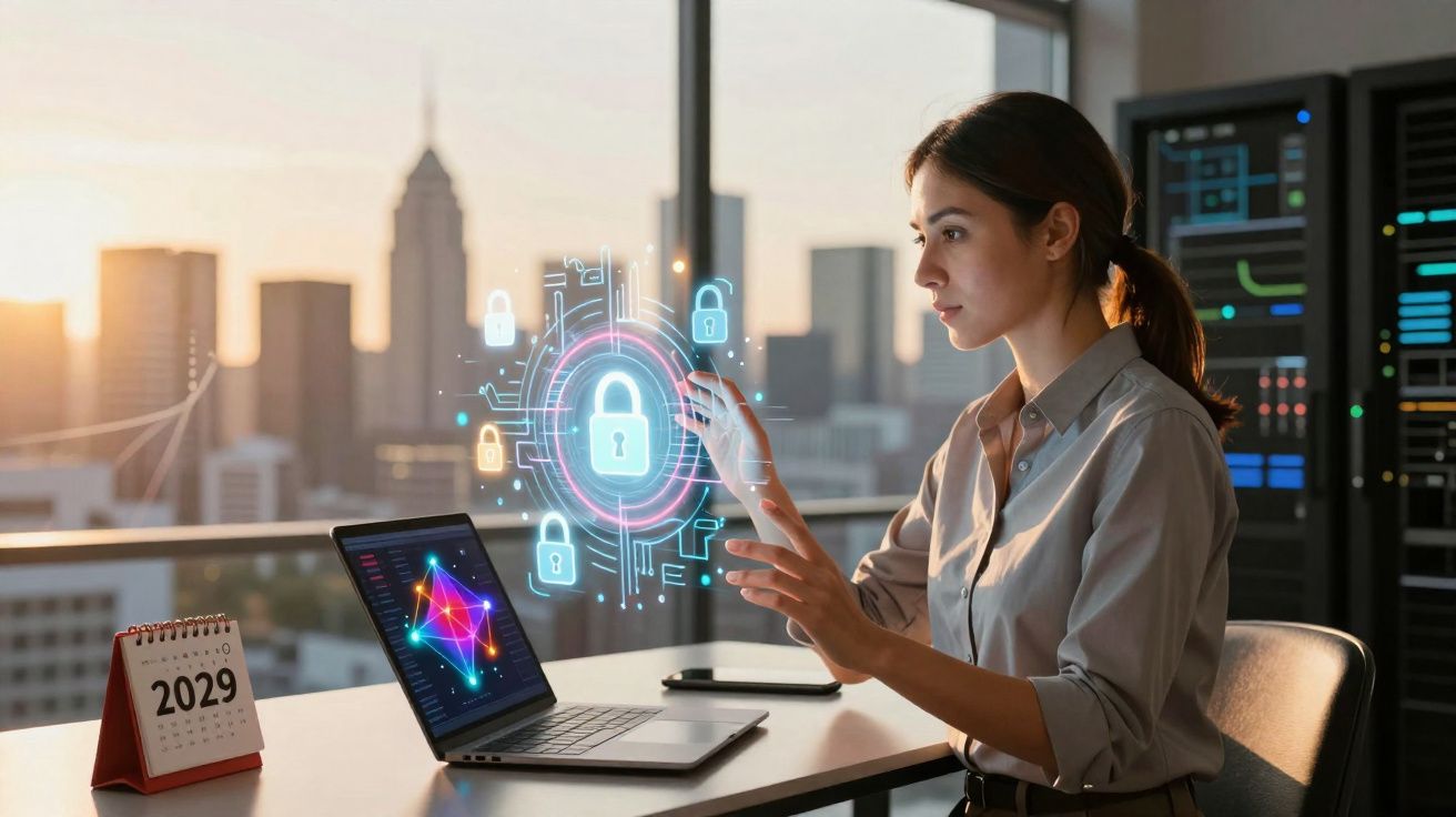 Mulher a interagir com holograma de cadeado digital em escritório moderno ao pôr do sol.