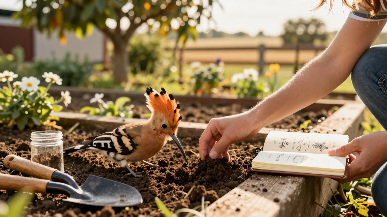 Pessoa a plantar sementes numa horta com um pássaro colorido à sua frente e um caderno de plantas aberto.