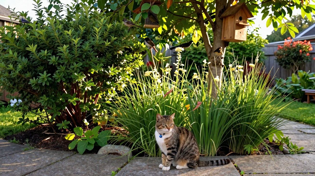 Gato listrado sentado num jardim com arbustos, flores e uma casinha de pássaros pendurada numa árvore.
