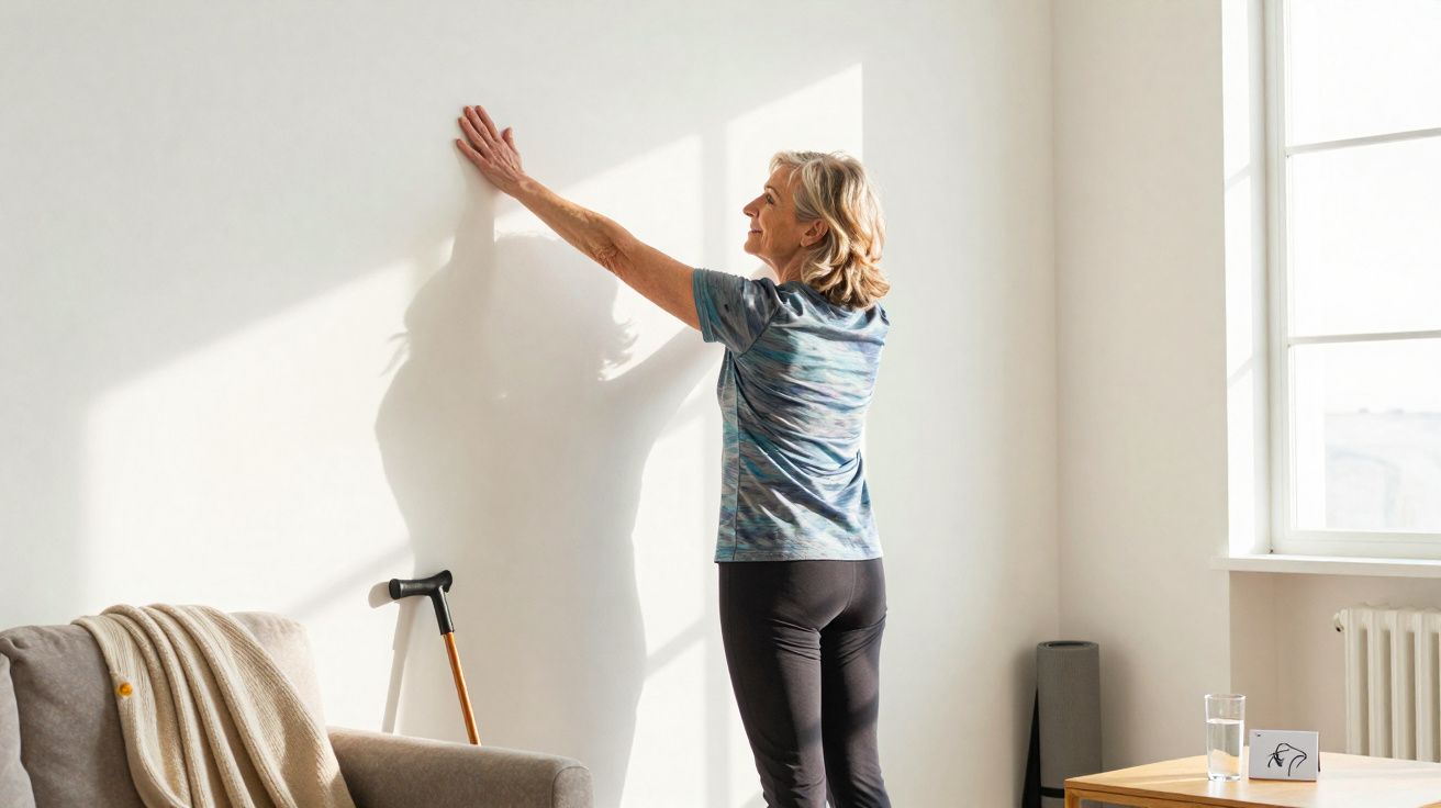 Mulher ativa a esticar os braços numa parede branca, em sala iluminada pela luz natural.