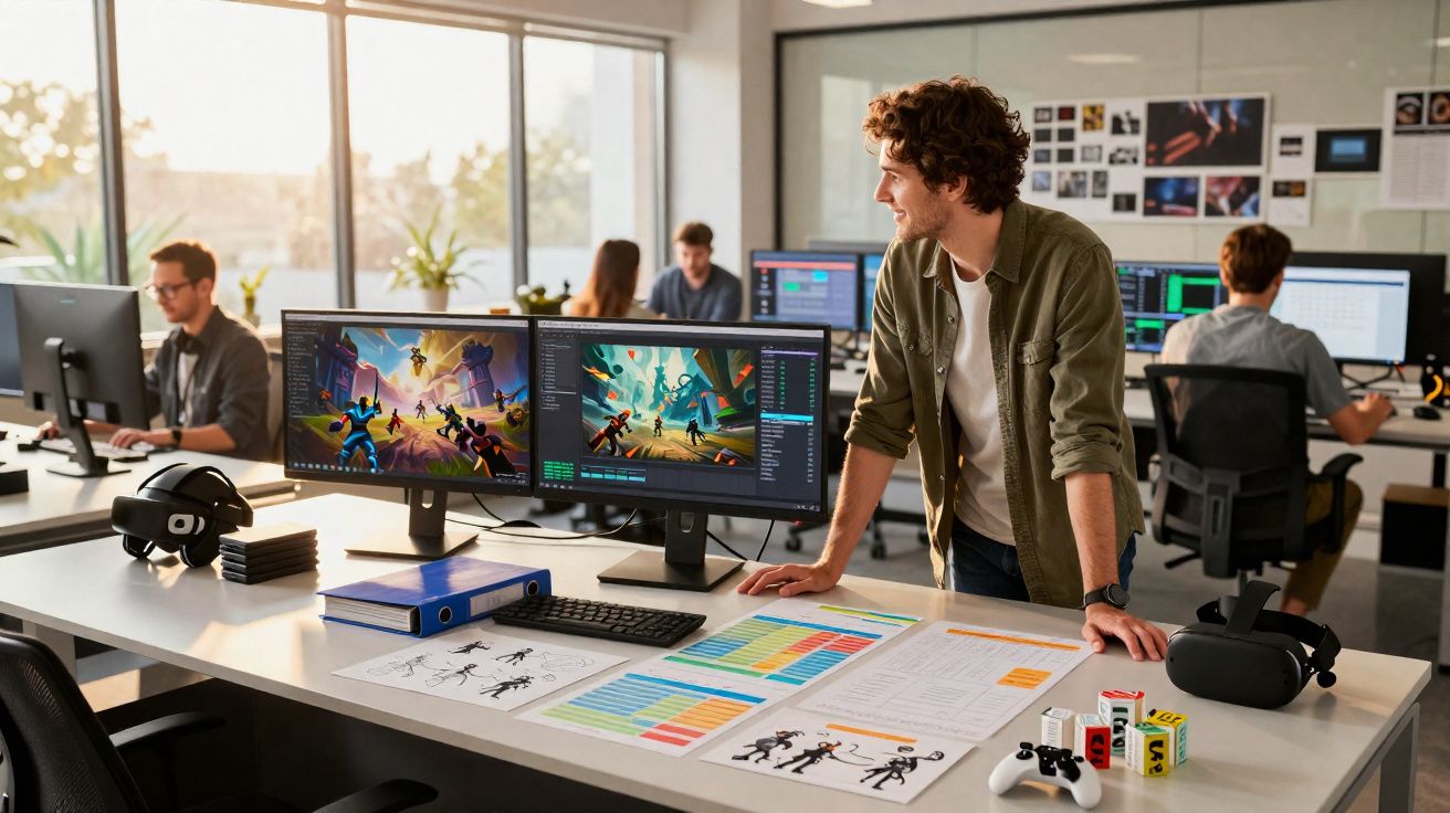 Escritório moderno com equipa a trabalhar em videojogos, com computadores, desenhos e óculos de realidade virtual.